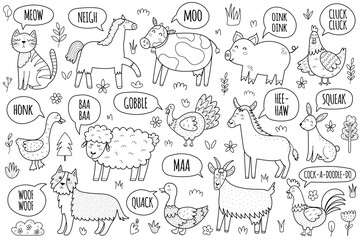 Black and white farm animals saying sounds like moo, oink, baa, cluck and others. How do they say coloring page with farm characters. Cow, pig, horse, sheep making sounds set. Vector illustration