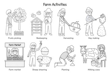 Farm activities black and white set with cute kids farmers. Coloring page with cute characters doing gardening and agricultural work. Vector illustration