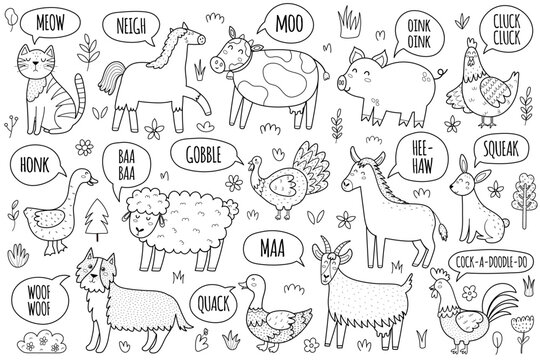 Black and white farm animals saying sounds like moo, oink, baa, cluck and others. How do they say coloring page with farm characters. Cow, pig, horse, sheep making sounds set. Vector illustration