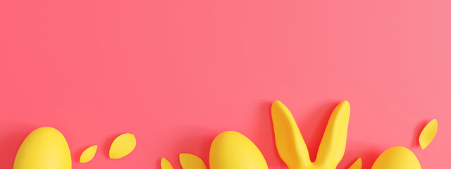 Fototapeta na wymiar Vivid, pink background with yellow Easter eggs, rabbit ears and copy space. Vibrant Easter backdrop. Empty space for text, advertising. Trendy design. Pascha, Happy Easter Day. 3D render.