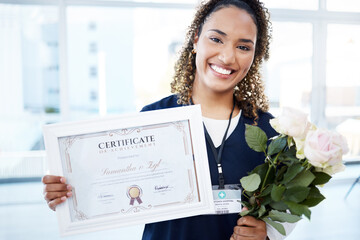 Certificate, flowers and portrait with a black woman graduate in the hospital, proud of her achievement. Smile, graduation and qualification with a happy young female nurse standing alone in a clinic