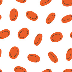 Hand drawn cute seamless pattern with erythrocytes. Flat vector transfusion and blood donation print design in doodle style. Medicine, menstruation concept. Repeated background, wrapping or wallpaper.