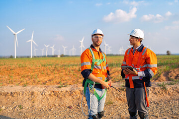 Fototapeta premium Wind turbine service engineer plan for inspection and maintenance renewable electricity generator