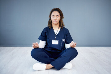 Nurse, calm or sitting meditation on hospital mockup, clinic mock up or wall for mental health,...