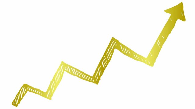Animated financial growth chart with trend line graph. golden icon of arrow. Growth bar chart of economy. Hand drawn vector illustration isolated on white background.