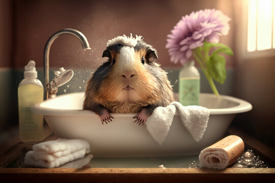 Сute fluffy guinea pig or hamster takes a bath filled with foam, a kawaii hamster with fluffy fur sits in a bathtub. looking at the camera, cute pet, pet washing, Generative AI