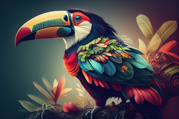 Fototapeta premium Illustration of a tropical rainforest with parrot. Tropical wallpaper background with plants and birds. Generative AI