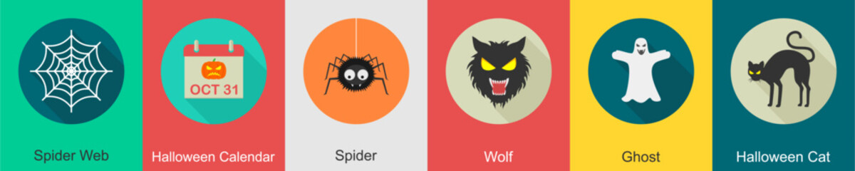 A set of 6 halloween icons as spider web, halloween calendar, spider