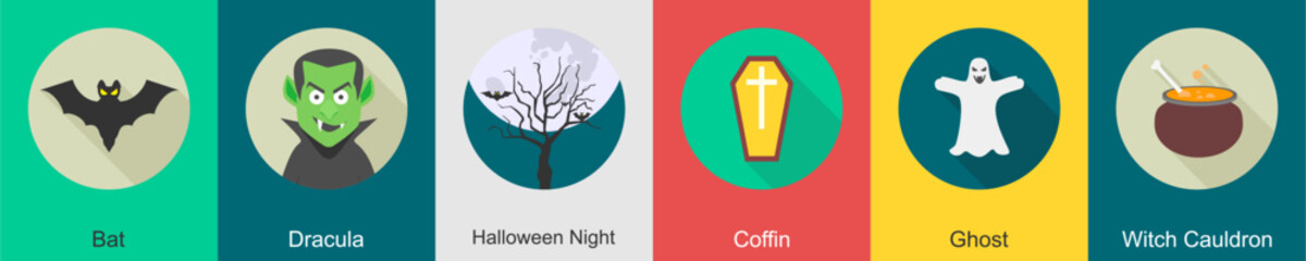 A set of 6 halloween icons as bat, dracula, halloween night