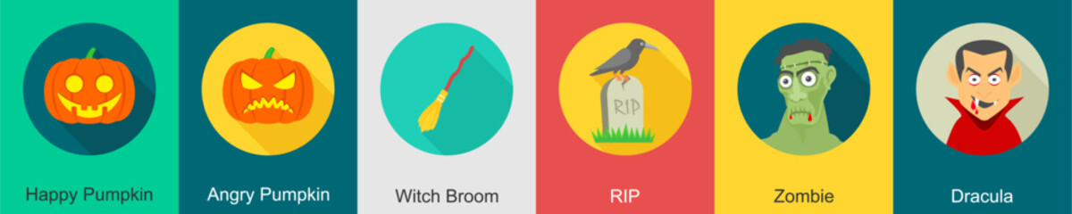 A set of 6 halloween icons as happy pumpkin, angry pumpkin, witch broom