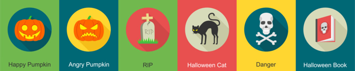 A set of 6 halloween icons as happy pumpkin, angry pumpkin, rip