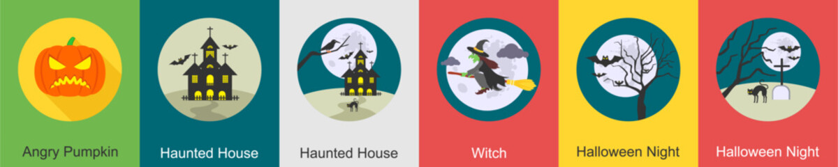 A set of 6 halloween icons as angry pumpkin, haunted house, witch