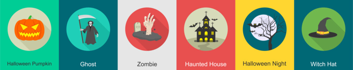 A set of 6 halloween icons as halloween pumpkin, ghost, zombie