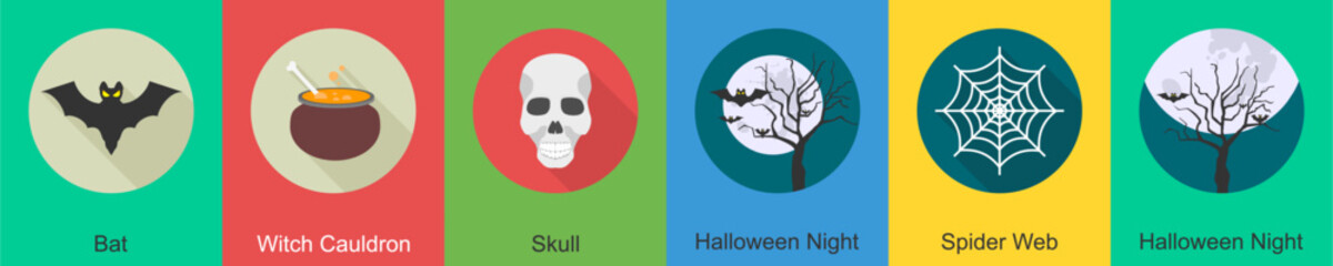 A set of 6 halloween icons as bat, witch cauldron, skull