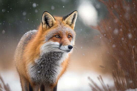 Red Fox (Vulpes vulpes), standing straight up, making direct eye contact, with some snow on its face and background trees in bokeh. Generative AI