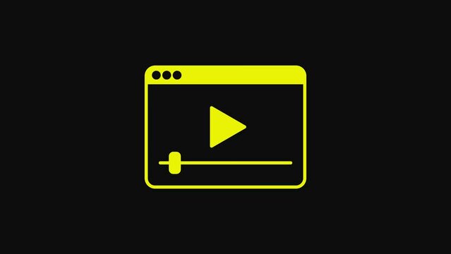 Yellow Online play video icon isolated on black background. Film strip with play sign. 4K Video motion graphic animation