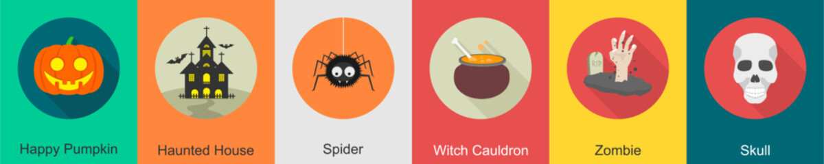 A set of 6 halloween icons as happy pumpkin, haunted house, spider