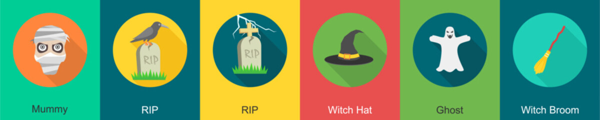 A set of 6 halloween icons as mummy, rip, witch hat