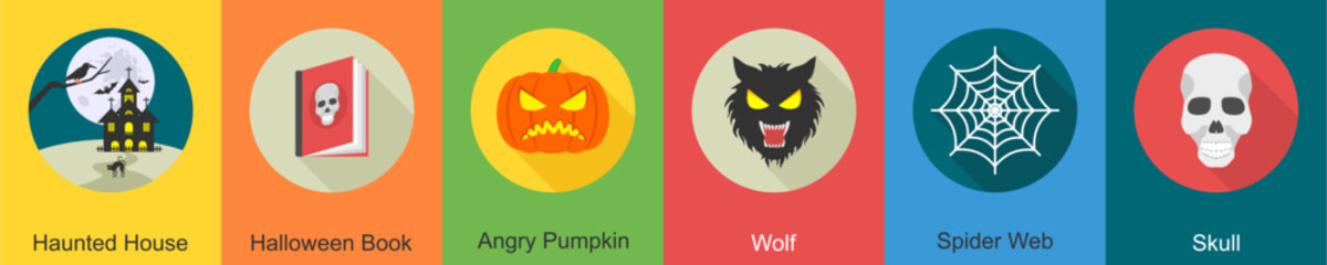 A set of 6 halloween icons as haunted house, halloween book, angry pumpkin