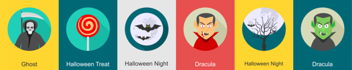 A set of 6 halloween icons as ghost, halloween treat, halloween night