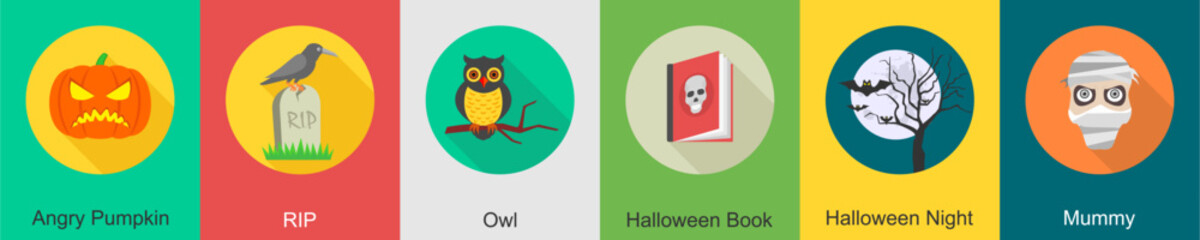 A set of 6 halloween icons as angry pumpkin, rip, owl