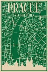 Green hand-drawn framed poster of the downtown PRAGUE, CZECH REPUBLIC with highlighted vintage city skyline and lettering