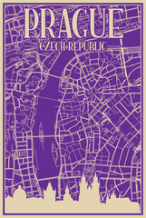 Purple hand-drawn framed poster of the downtown PRAGUE, CZECH REPUBLIC with highlighted vintage city skyline and lettering