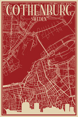 Red hand-drawn framed poster of the downtown GOTHENBURG, SWEDEN with highlighted vintage city skyline and lettering