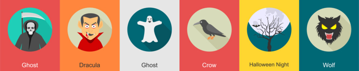 A set of 6 halloween icons as ghost, dracula, crow
