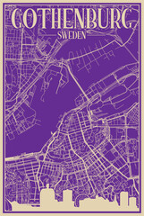 Purple hand-drawn framed poster of the downtown GOTHENBURG, SWEDEN with highlighted vintage city skyline and lettering
