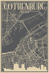 Grey hand-drawn framed poster of the downtown GOTHENBURG, SWEDEN with highlighted vintage city skyline and lettering