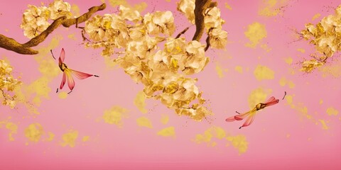 A lovely picture of pink blossoms flying through the air against a yellow background. idea of levitation. large scale image. Generative AI