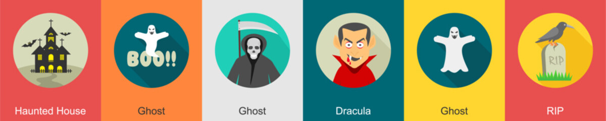 A set of 6 halloween icons as haunted house, ghost, dracula