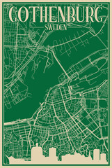 Green hand-drawn framed poster of the downtown GOTHENBURG, SWEDEN with highlighted vintage city skyline and lettering
