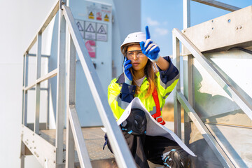 Wind turbine maintenance engineer sit on platform use mobile phone call to team before start work