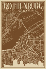 Brown hand-drawn framed poster of the downtown GOTHENBURG, SWEDEN with highlighted vintage city skyline and lettering