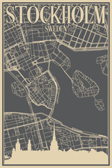Grey hand-drawn framed poster of the downtown STOCKHOLM, SWEDEN with highlighted vintage city skyline and lettering