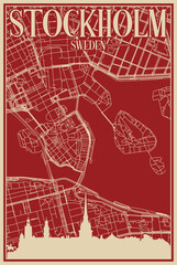 Red hand-drawn framed poster of the downtown STOCKHOLM, SWEDEN with highlighted vintage city skyline and lettering