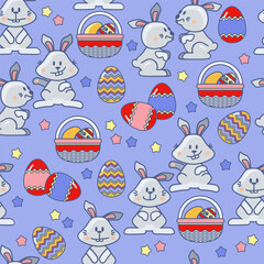 Easter eggs, Bunnies, and basket. Holiday seamless pattern. Vector illustration.