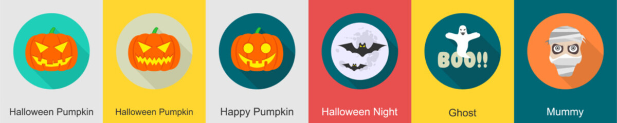 A set of 6 halloween icons as halloween pumpkin, happy pumpkin, halloween night