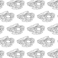 Shawarma Kebab pattern fast food. Seamless pattern. Concept of doner kebab, street food, barbecue, cuisine. Vintage design template, banner. Fresh vegetables. Vector hand drawn sketch illustration.