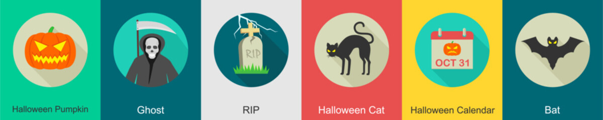 A set of 6 halloween icons as halloween pumpkin, ghost, rip
