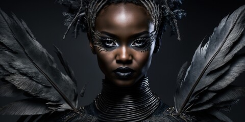 Afroamerikanisches Top Model mit tollem Make-up und Federn Kleidung im Porträt, ai generativ
