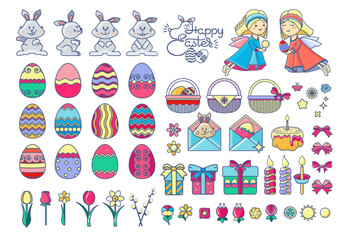 Easter holiday symbols set. Egg, bunny, angel, basket. Vector illustration.