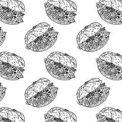 Shawarma Kebab pattern fast food. Seamless pattern. Concept of doner kebab, street food, barbecue, cuisine. Vintage design template, banner. Fresh vegetables. Vector hand drawn sketch illustration.