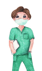 Doctor wearing medical mask. Watercolor illustration cartoon character.