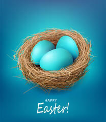 Fototapeta premium Isolated straw nest with Easter eggs, blue postcard