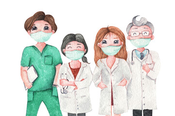 Doctor wearing medical mask. Watercolor illustration cartoon character.