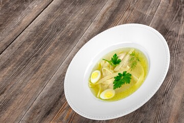 Delicious hot soup dish in plate