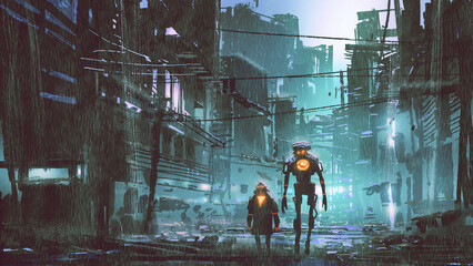 Two robots walking on the streets of an abandoned futuristic city on a rainy day, digital art style, illustration painting